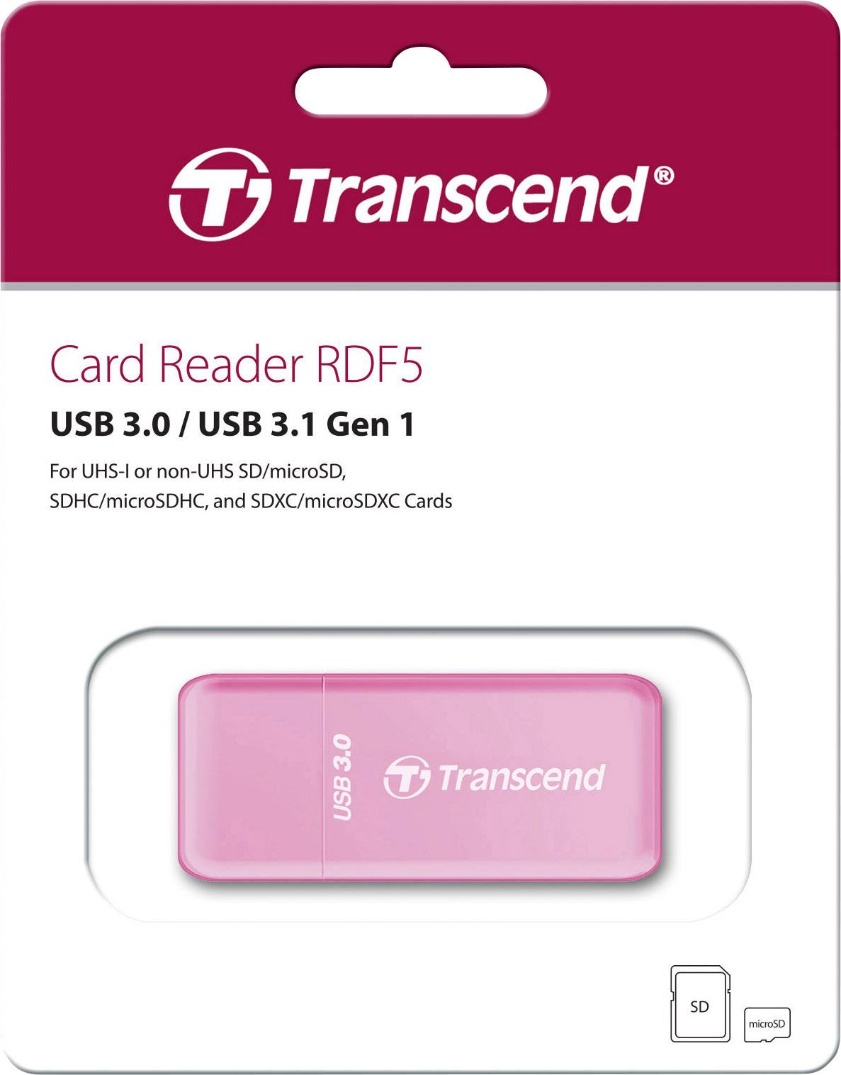 'USB 3.0 čitalnik kartic znamke Transcend, model RDF5, združljiv z SD, microSD, SDHC, microSDHC, SDXC, microSDXC. Barva: roza.'