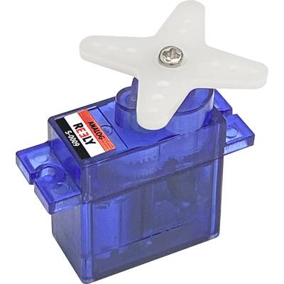 Moder mini servo motor s prosojnim ohišjem in belim križnim ročajem na vrhu. Primeren za modelarstvo in robotske aplikacije.