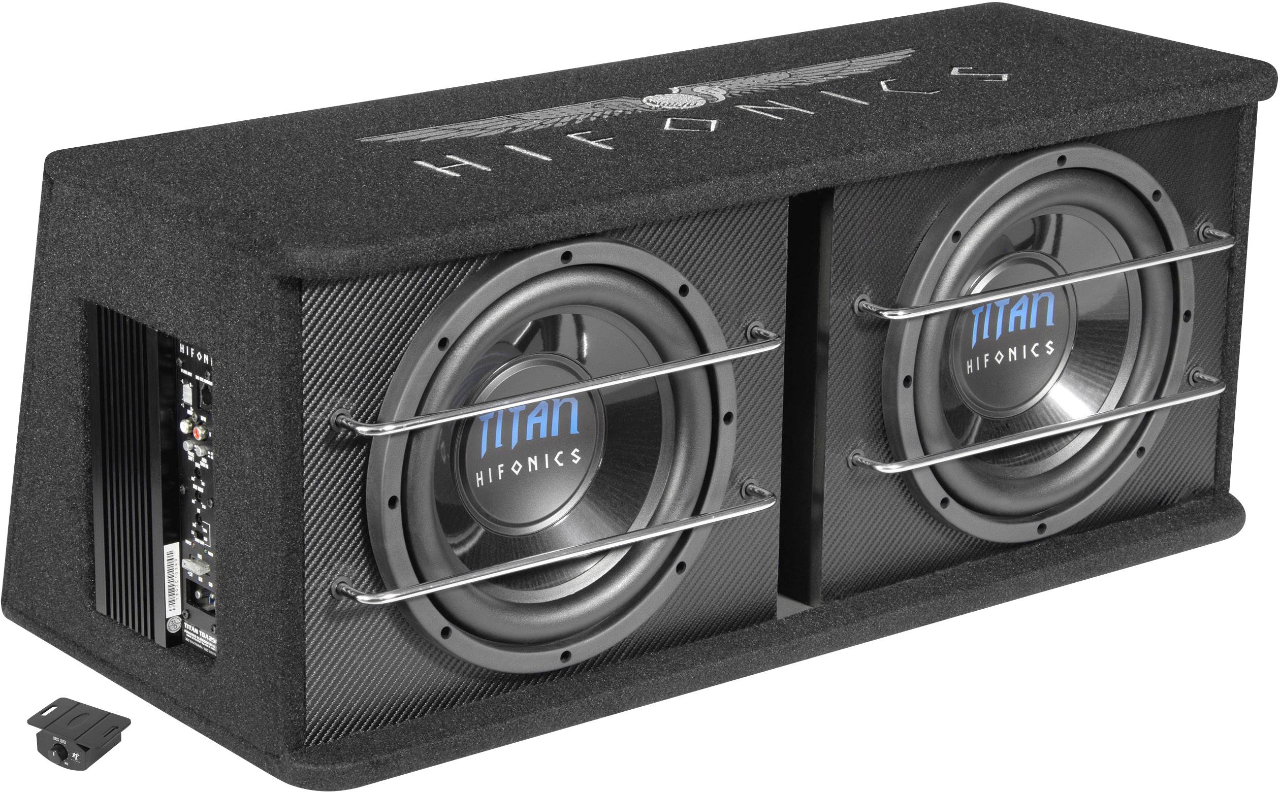 Črn subwoofer z dvema zvočnikoma in srebrnimi zaščitnimi mrežami. Napis 'Hifonics' zgoraj.