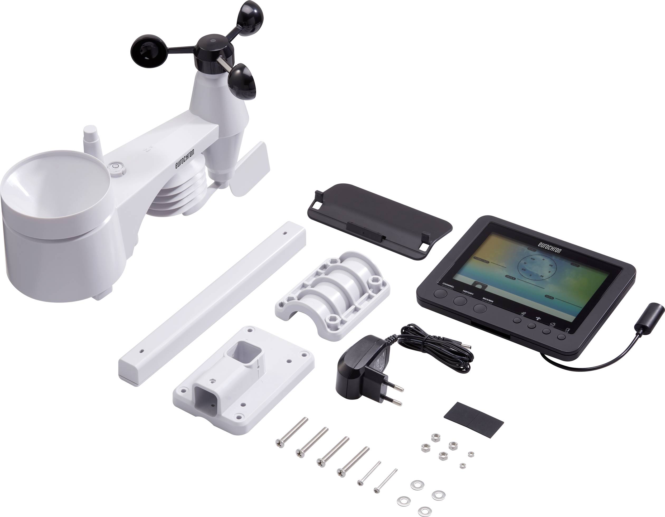 Vremenski komplet s zunanjim senzorjem, monitorjem, napajalnikom in montažno opremo, postavljeno na belem ozadju. Komponente za merjenje vremenskih podatkov.