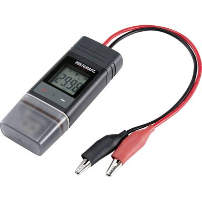 Digitalni voltmeter znamke Voltcraft z LCD-zaslonom prikazuje "23.99". Dva kabla s krokodilnimi sponkami, črne in rdeče barve.