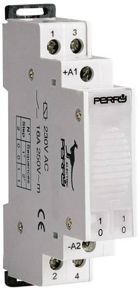 Bela električna stikalna naprava znamke Perry z črnim besedilom, ki navaja 230V AC in 16A 250V.