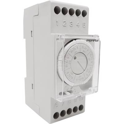 Bel električni modul ure z možnostjo nastavitve časa z desetimi priključnimi sponkami in centralnim vrtljivim regulatorjem za upravljanje časa.