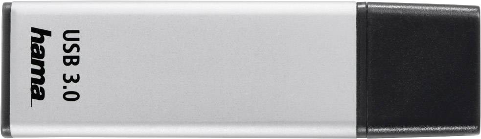 Srebrn USB ključek z napisom 'USB 3.0' in 'hama' na sprednji strani.