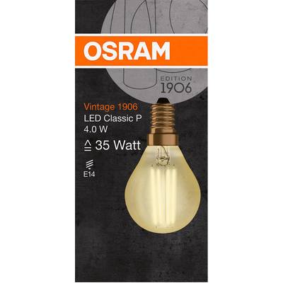 'OSRAM Vintage 1906 LED Classic P 4,0 W, ustreza 35 vatom, podnožje E14. Izdaja 1906. Prikaz žarnice.'