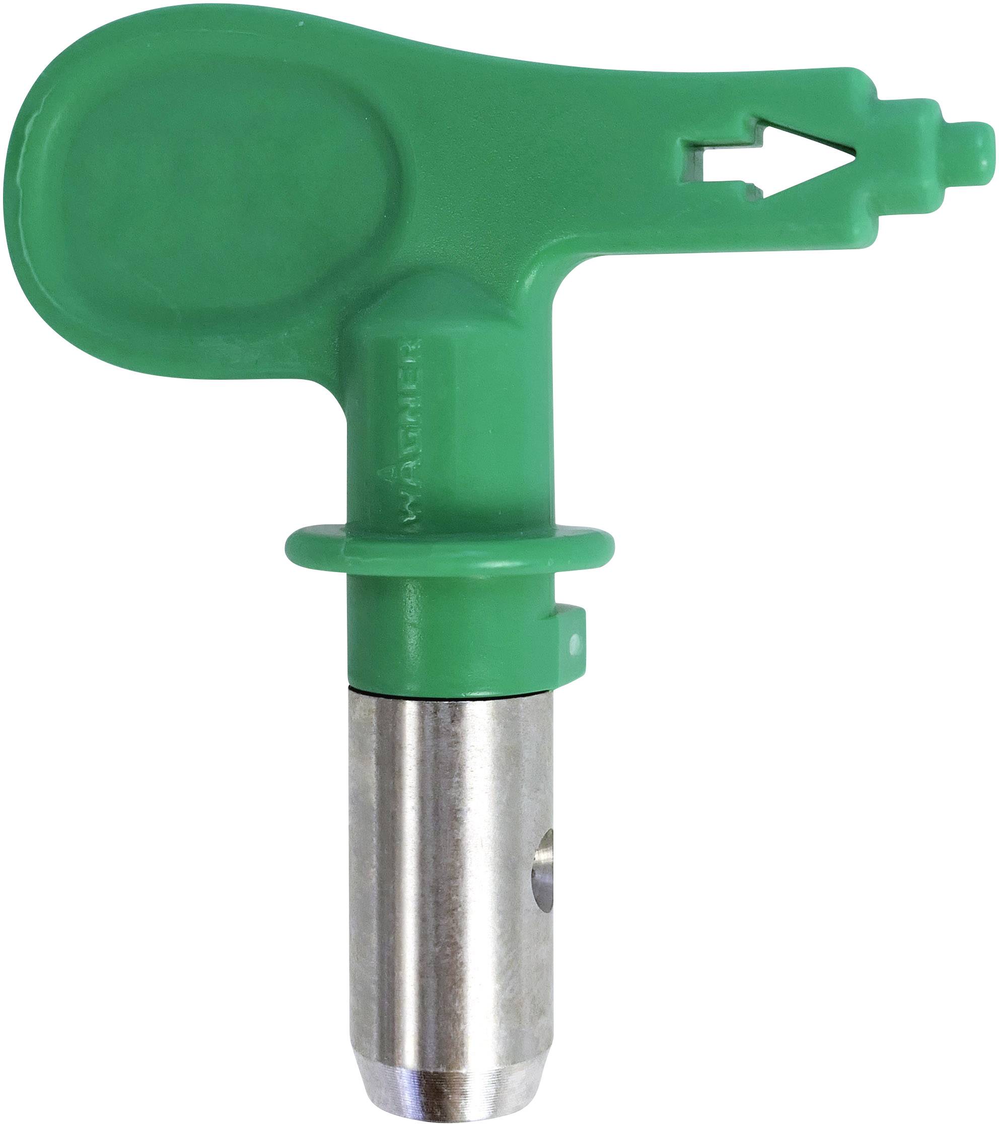 Zeleni šobni vložek za škropilnike s puščico za smer pretoka. Izdelan iz kovine in plastike, uporabljen v kmetijstvu.