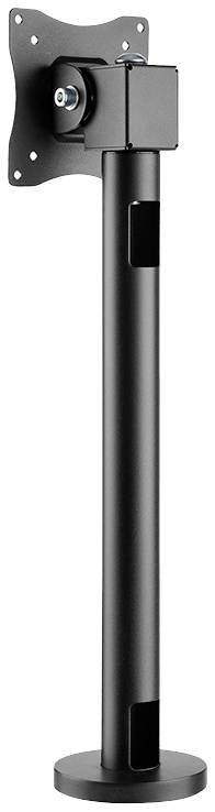 Črn, nastavljiv nosilec za monitor z namestitvijo na mizo. Primeren za ergonomsko prilagajanje položaja zaslona.