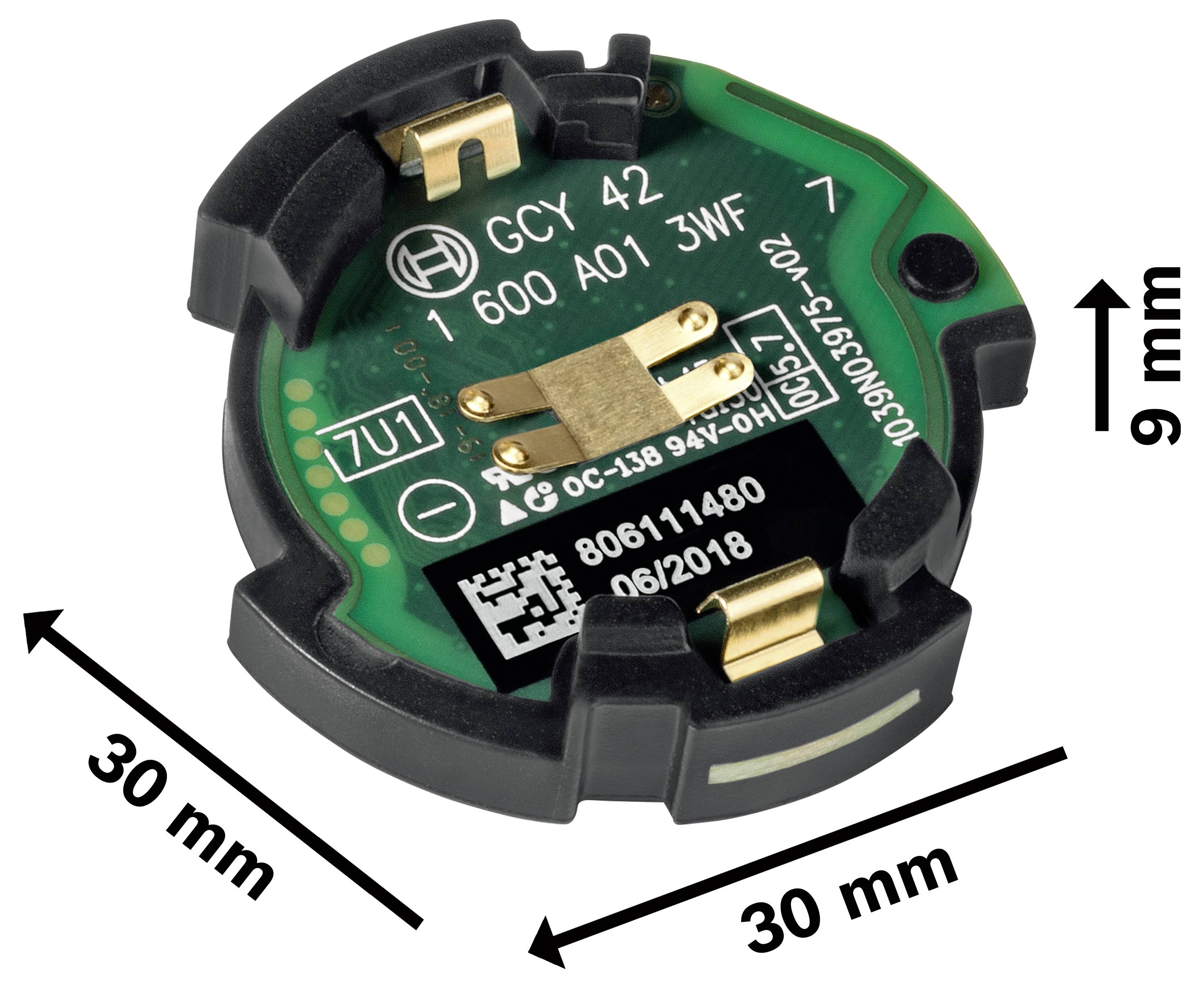 Elektronska komponenta, okrogla, z napisom na tiskanem vezju: 'GCY 42 600 A01 3WF', velikost pribl. 30x30x9 mm.