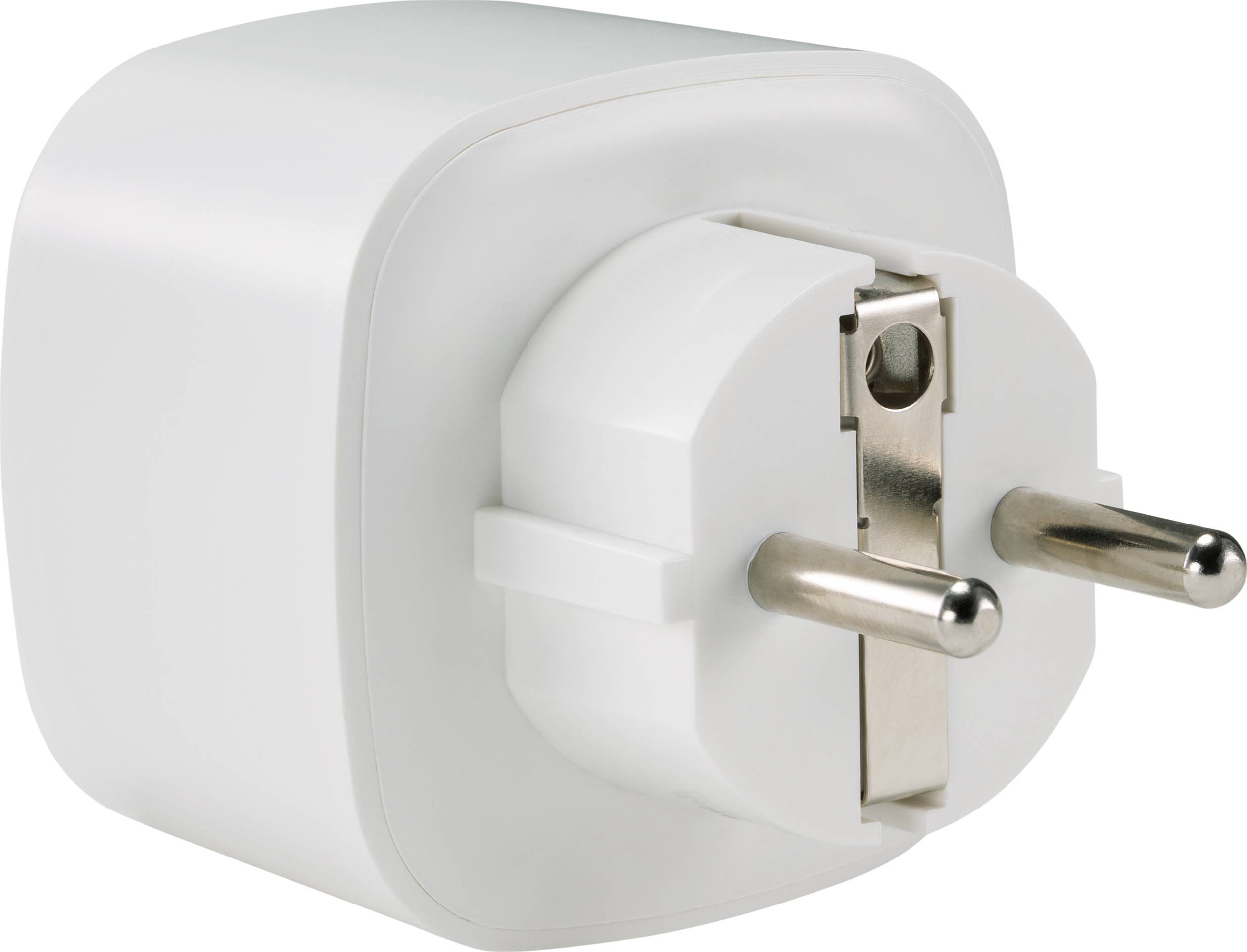Bel evropski električni adapter z dvema kovinskima kontaktoma za priključitev v vtičnico.