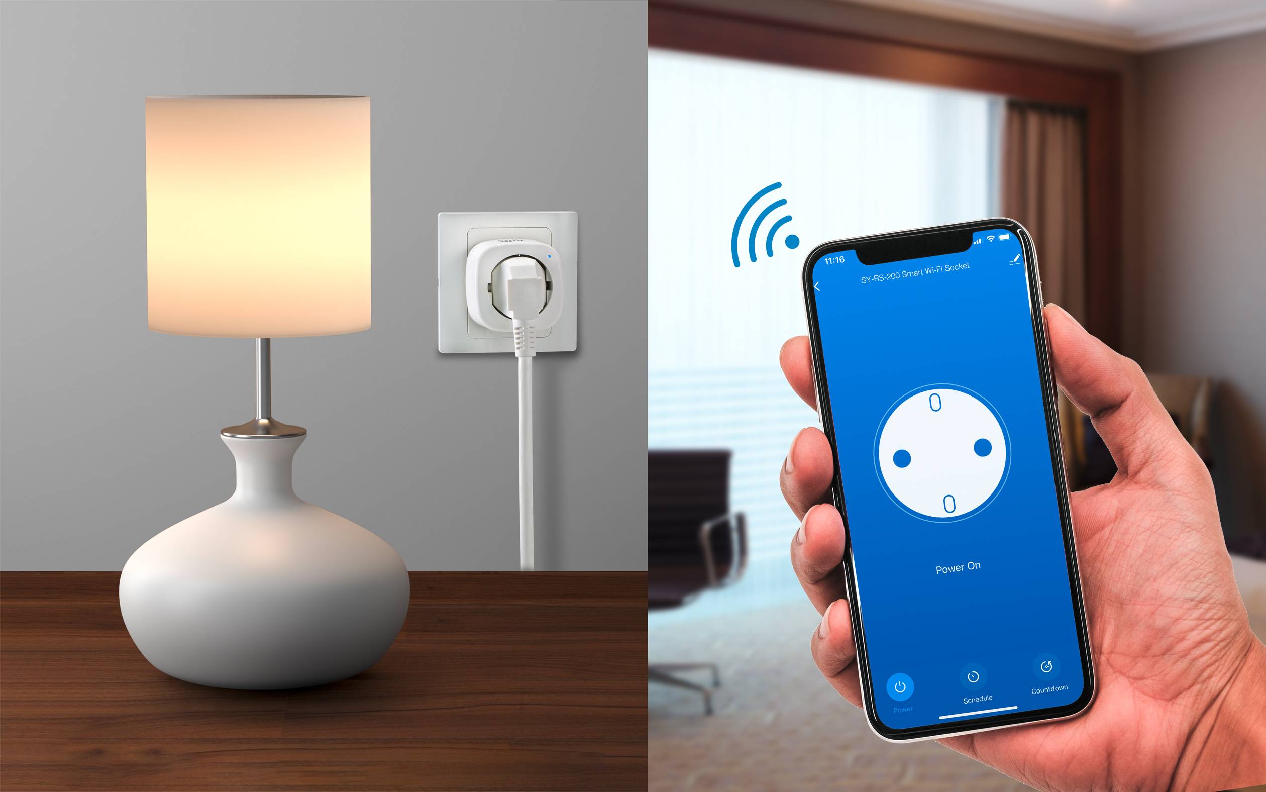 Levo je namizna luč priključena v električno vtičnico; desno roka drži pametni telefon z aplikacijo za upravljanje naprav.