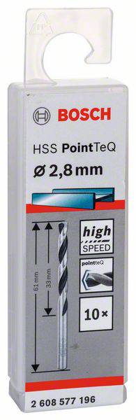 Pakiranje Bosch HSS PointTeQ svedrov s premerom 2,8 mm. Vsebuje 10 kosov. Primerno za vrtanje z visoko hitrostjo.