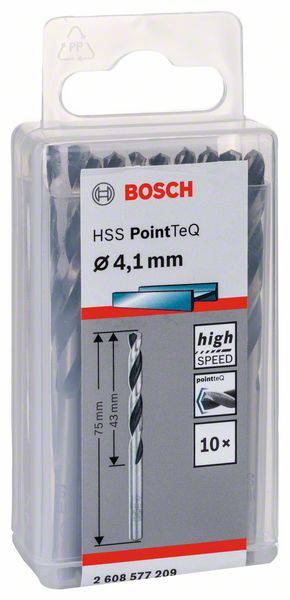 Pakiranje z desetimi svedri Bosch HSS PointTeQ, premer 4,1 mm. Dolžina: 75 mm, delovna dolžina: 43 mm. Hitro vrtanje, visoka hitrost.