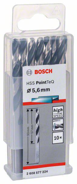 Komplet svedrov Bosch, model 'HSS PointTeQ', premer 5,6 mm, vsebuje 10 kosov, primeren za visokohitrostno uporabo.
