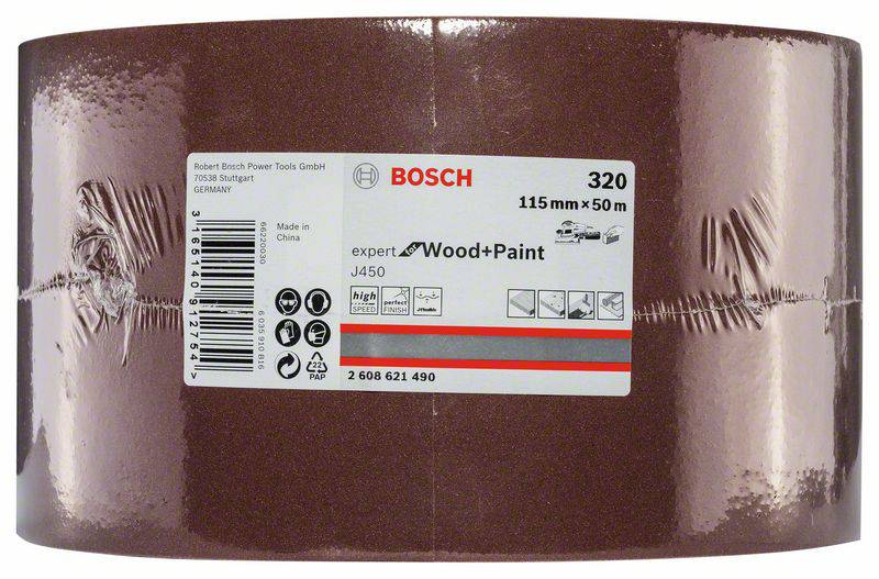 Brusni papir v roli znamke Bosch, zrnatost 320, 115 mm x 50 m, primeren za les in barvo. Proizvajalec: Bosch Power Tools, Izdelano na Kitajskem.
