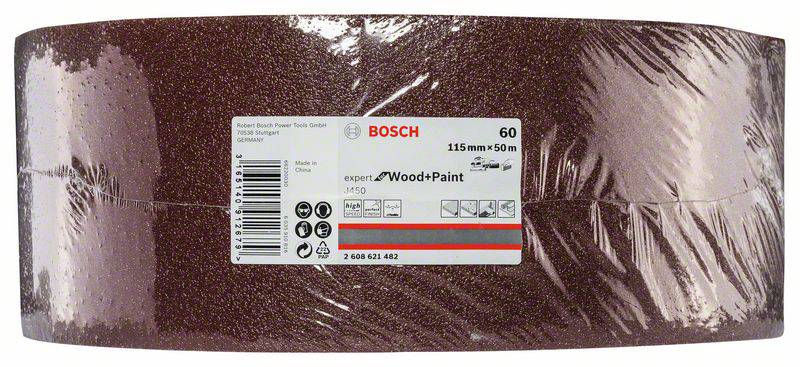Brusni papir Bosch, 115 mm x 50 m, granulacija 60, primeren za les in barvo. Nalepka izdelka z črtno kodo in podatki o znamki je vidna.