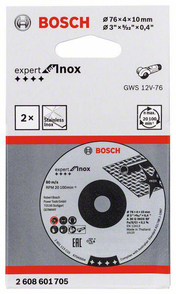 'Bosch Expert Inox' rezalne plošče za nerjavno jeklo, velikost 76x4x10 mm. Pakiranje vsebuje 2 plošči. Primerno za kotni brusilnik 'GWS 12V-76'.