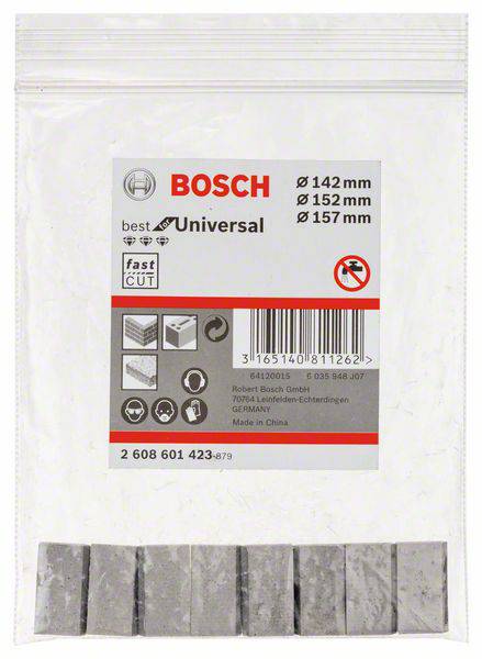 Embalaža Bosch žaginih listov, primerna za 142 mm, 152 mm in 157 mm. Vsebuje opozorila in informacije o izdelku.
