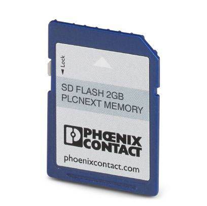Modra SD-pomnilniška kartica z napisom 'SD FLASH 2GB PLCNEXT MEMORY', znamke Phoenix Contact.