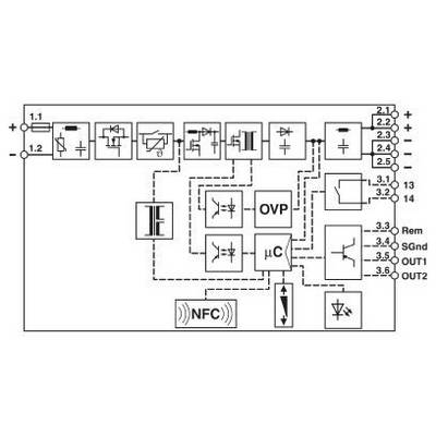 Diagram elektronskega vezja z integracijo NFC. Prikazuje komponente, kot so OVP, mikrokrmilnik, vhodi in izhodi.