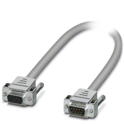 Sivo serijsko RS-232 kabel z dvema kovinskima priključkoma, vsak s po devetimi igli, za prenos podatkov med napravami.