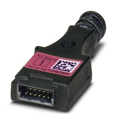 Črn RF-vtič z rožnatim nalepkom, na katerem piše 'RF-Band 1' in črtne kode. Namenjen je prenosu podatkov ali signalni povezavi.