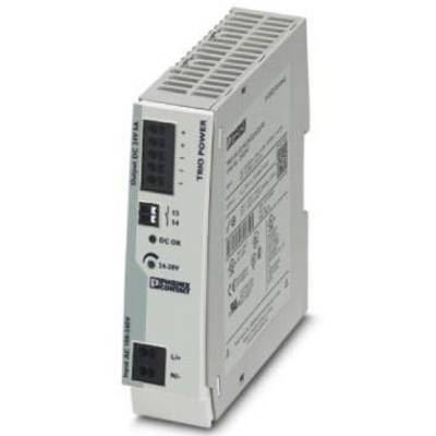 Sivo-modra elektronska naprava v pokončnem formatu z oznakami in gumbi; namenjena napajanju, 34-38V DC.