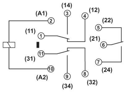 Diagram električnega stikala z oznakami (A1), (A2), (11), (21) in drugimi priključki. Prikazuje notranje povezave.