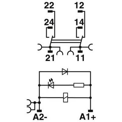 'Diagram električnega releja: Zgoraj priključki 22, 24, 12, 14; spodaj A2-, A1+. Vmes postavljene diode in upor.'