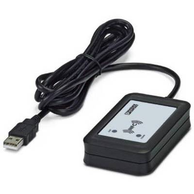 Črn čitalnik kartic USB z dolgim kablom. Naprava ima belo površino z ikonami za WLAN in pametne kartice.
