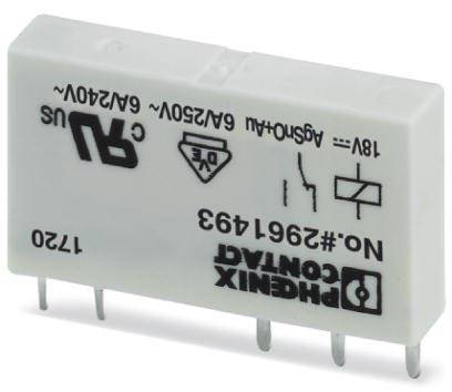 Elektronski element z napisom 'PHOENIX CONTACT'. Prikazuje specifikacije: 6A/240V, 18V DC. Pravokotne oblike s kovinskimi priključki spodaj.