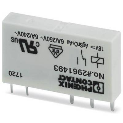 Elektronski element z napisom 'PHOENIX CONTACT'. Prikazuje specifikacije: 6A/240V, 18V DC. Pravokotne oblike s kovinskimi priključki spodaj.