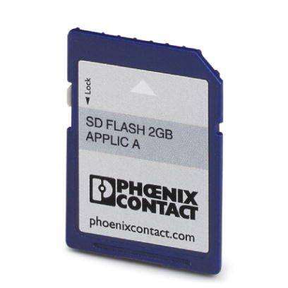 SD-kartica z napisom 'SD FLASH 2GB APPLIC A' in logotipom Phoenix Contact.