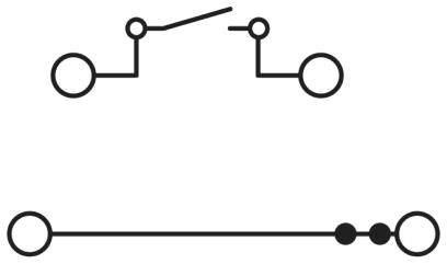 Črtni diagram stikala, zgoraj odprt, spodaj zaprt.