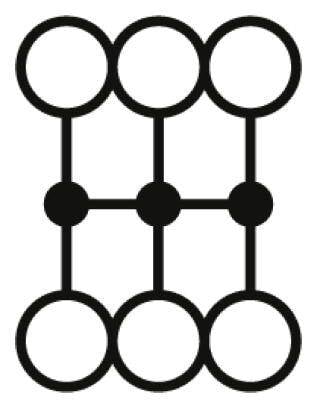 Abstraktna geometrijska struktura z devetimi krogi, povezanimi z linijami, razporejenimi v treh vrstah.