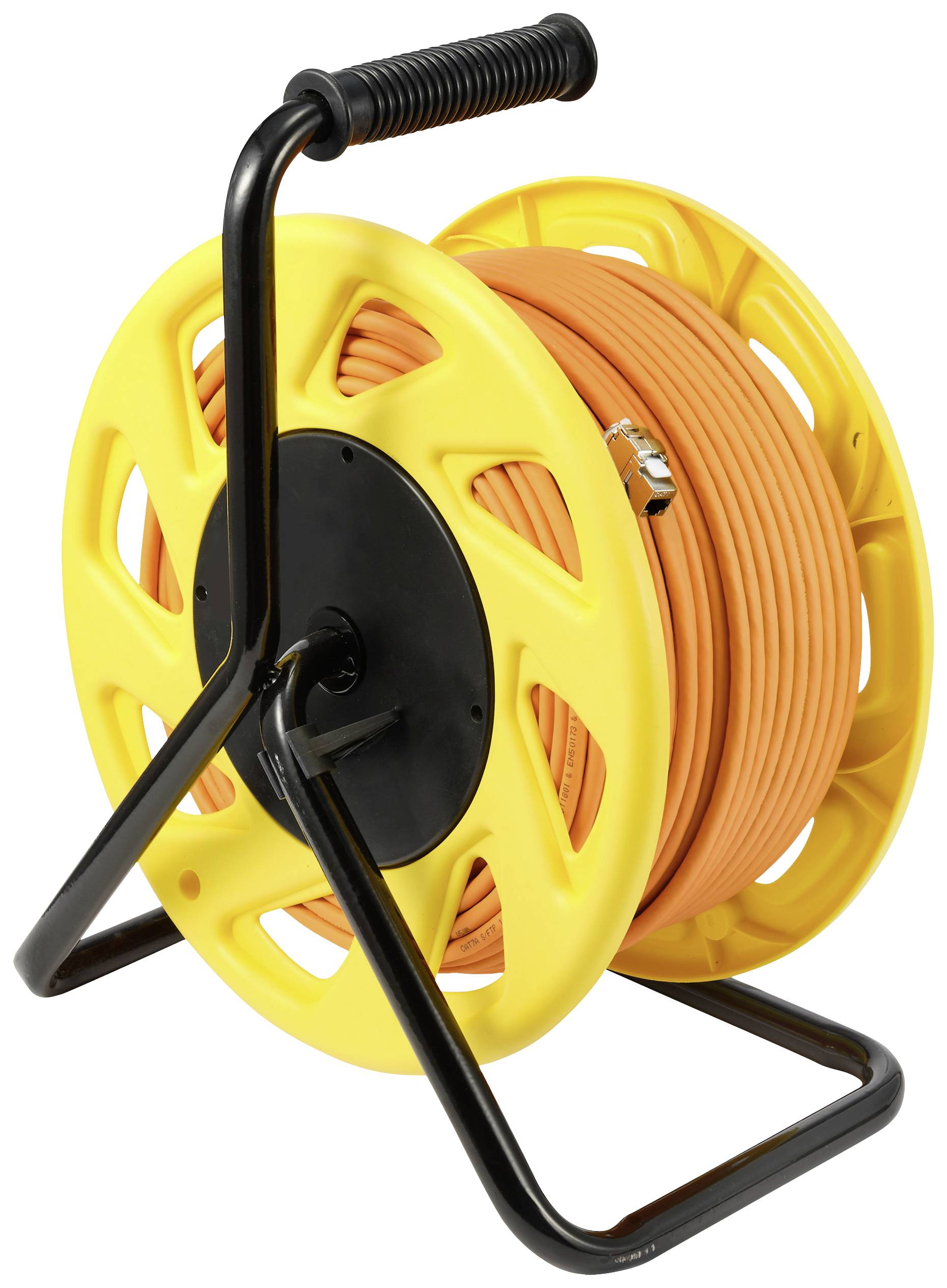 Rumena kabelska kolut s črnim ročajem, oranžnim kablom na jekleni osnovi za navijanje.