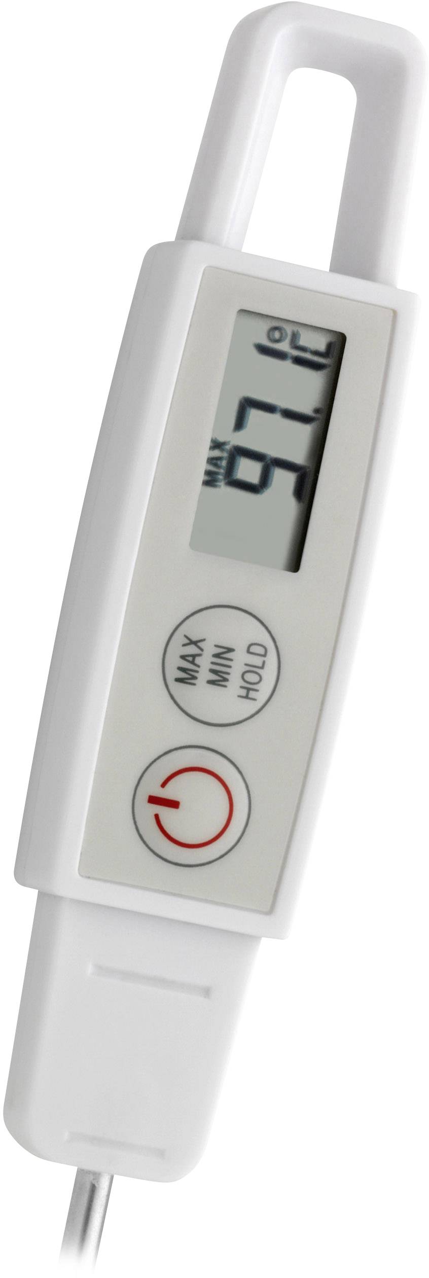 Digitalni termometer prikazuje 87,1°C na zaslonu. Vidne so tipke za Max, Min in Hold.