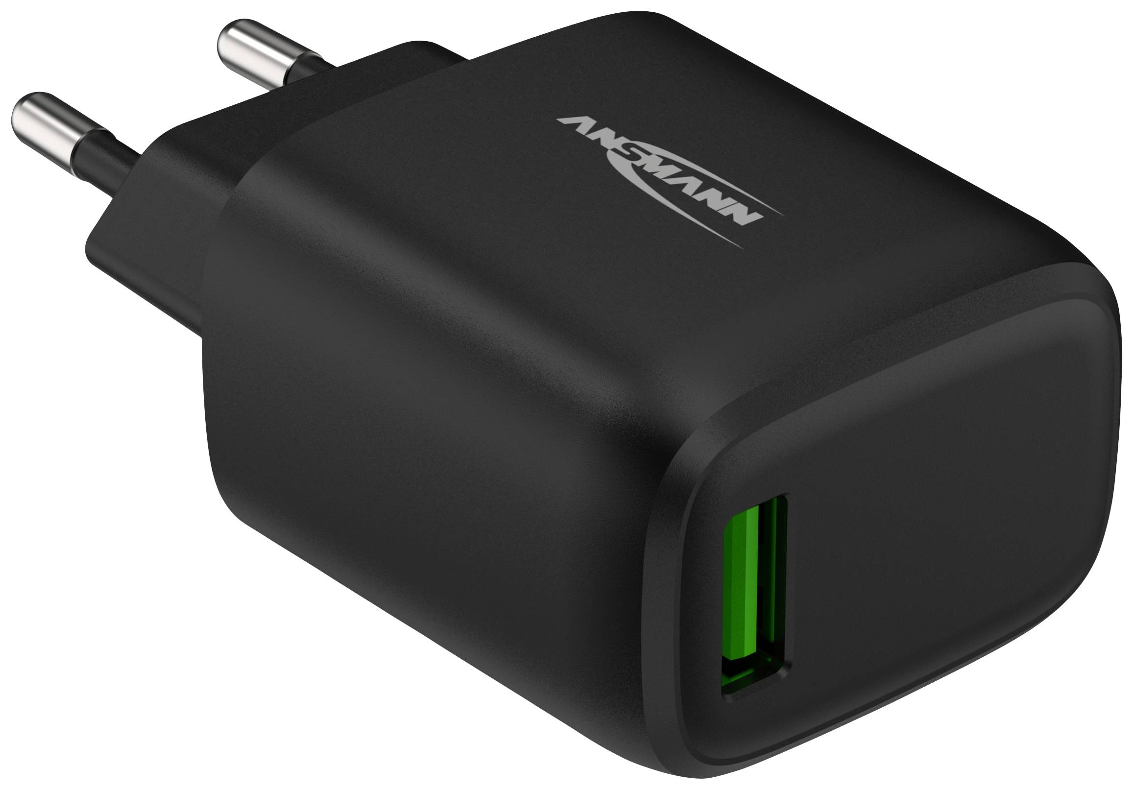 Črn USB polnilec z zelenim priključkom in dvema evro vtičema, primeren za različne elektronske naprave.