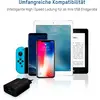 Polnilec z več napravami: pametni telefon, tablični računalnik, e-bralnik in konzola. Besedilo: 'Obsežna združljivost' in 'Pametno hitro polnjenje za vse vaše USB naprave'.