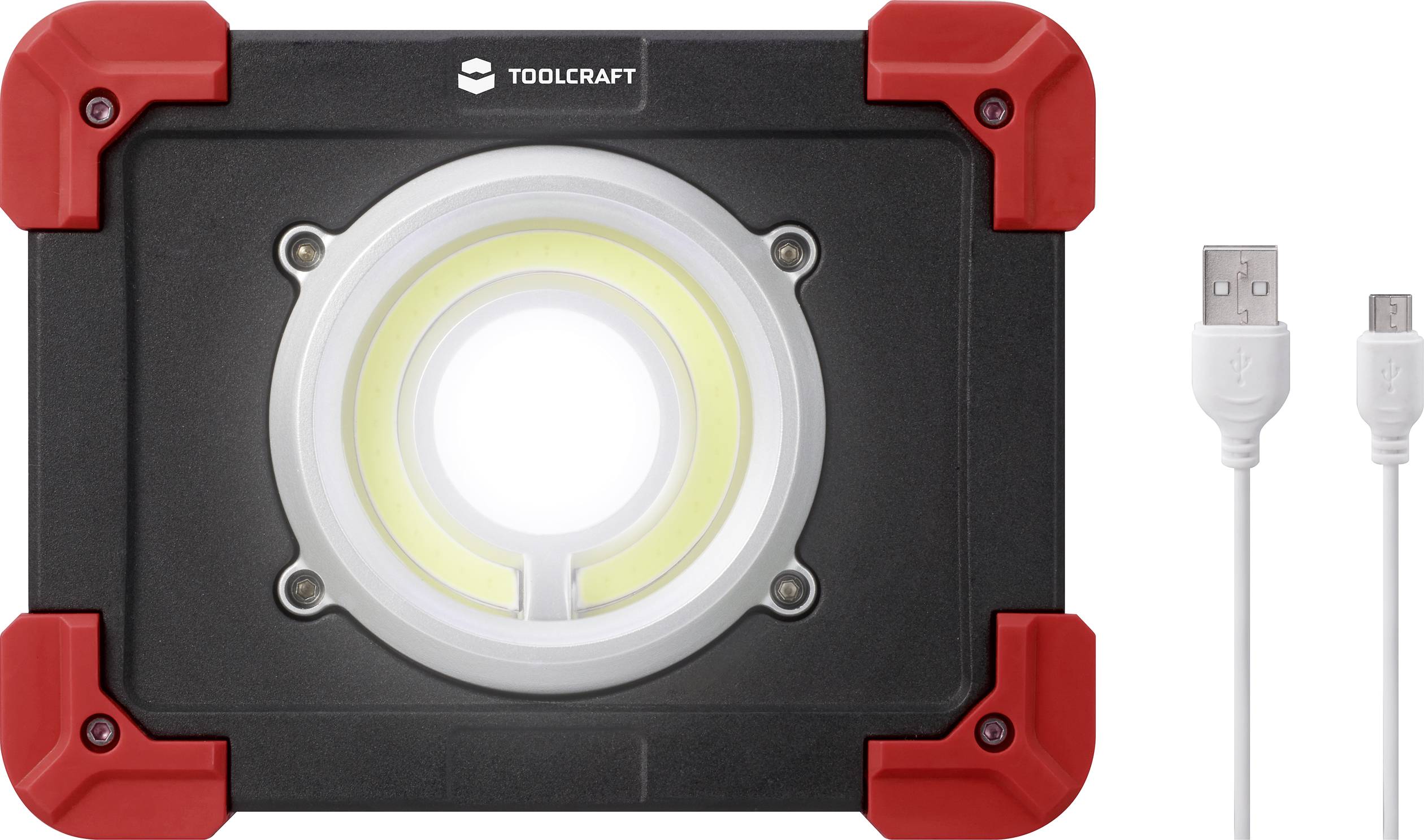 Prenosni LED reflektor znamke Toolcraft z rdečim in črnim ohišjem. Vsebuje micro-USB polnilni kabel.
