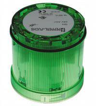 Zelena okrogla signalna luč s strukturirano ohišje. Zgoraj so vidne tehnične informacije in logotip znamke.