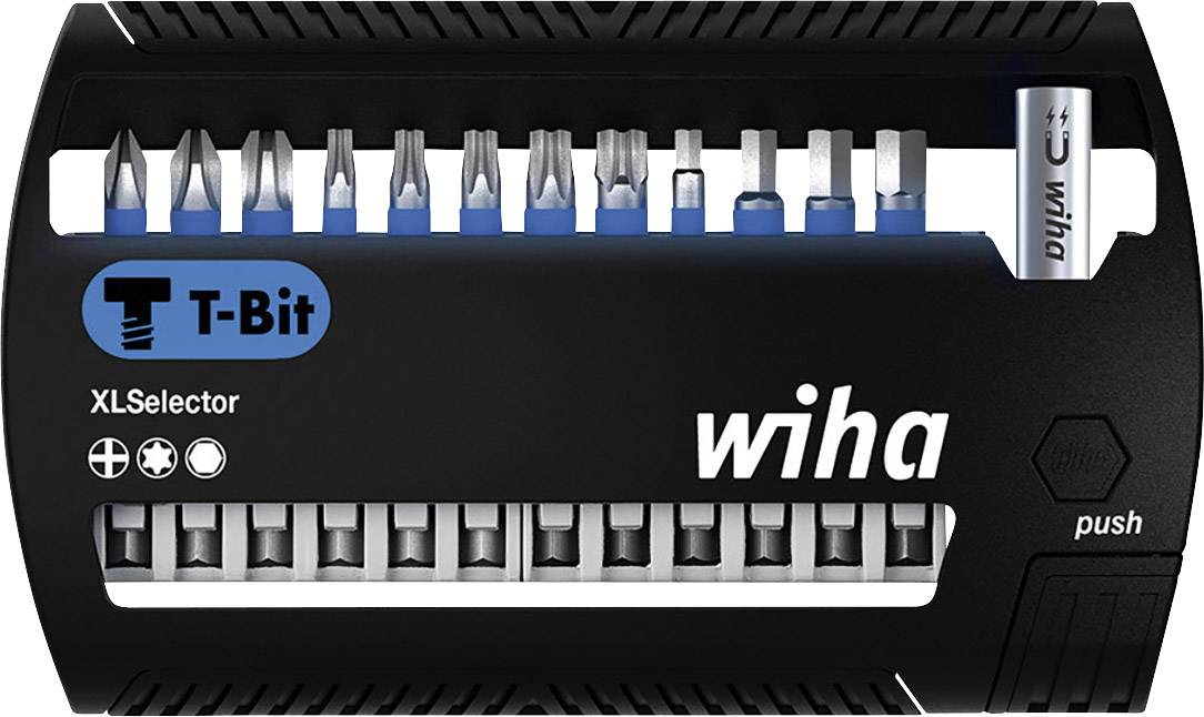Komplet vijačnikov z različnimi nastavki, zložen v črnem držalu. Označen z 'T-Bit XLSelector' in 'wiha'.