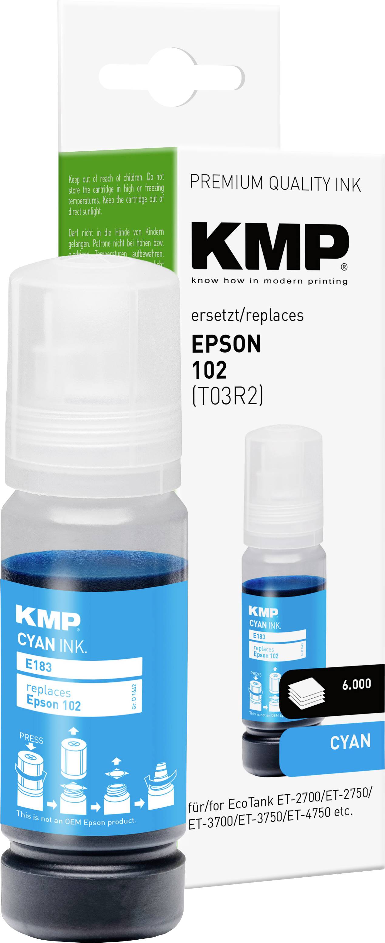 Steklenička modrega črnila KMP z embalažo, označena kot vrhunska kakovost črnila za tiskalnike Epson 102/T03R2.
