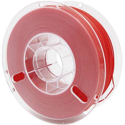 Kolut rdečega 3D-tiskalnega filamenta iz plastike, primeren za 3D-tiskalnike. Prozorna plastika obdaja tuljavo za boljšo vidljivost materiala.
