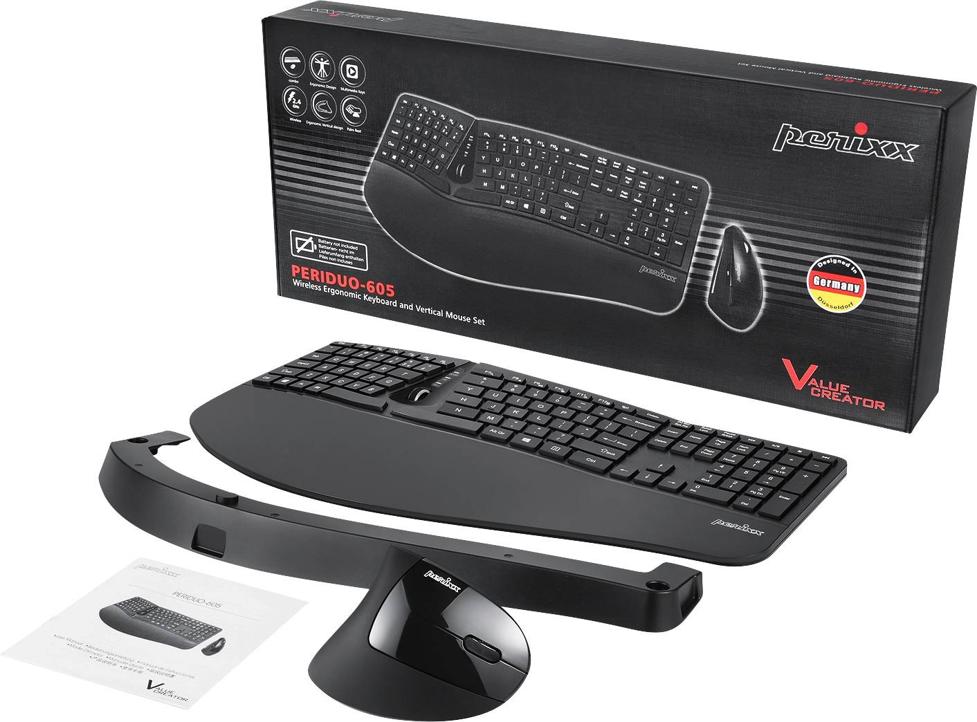 Ergonomski komplet tipkovnice in miške Perixx Periduо-605 v črni barvi, prikazan z embalažo in podporo za zapestje, primeren za udobno delo.