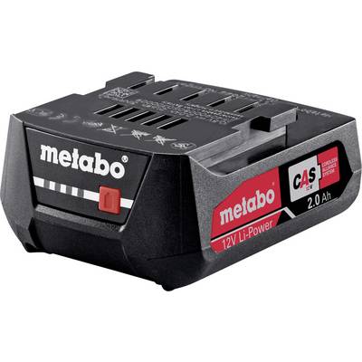 Metabo 12V Li-Power 2.0 Ah CAS polnilna baterija prikazana v črni in rdeči barvi.