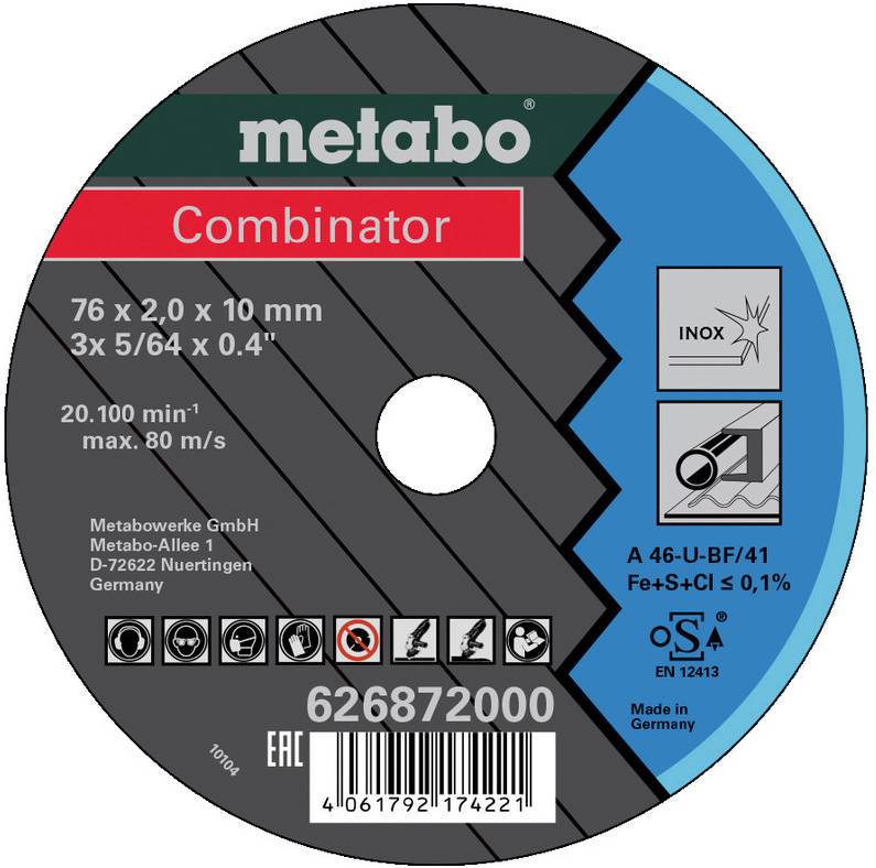 Okrogla rezalna plošča Metabo Combinator z abrazivom velikosti 76 x 2,0 x 10 mm, za nerjavno jeklo, s črtno kodo in varnostnimi ikono.