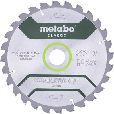 Žagin list znamke Metabo za lesarska dela, označen z 'Cordless Cut'. Premer 216 mm, 28 zob.