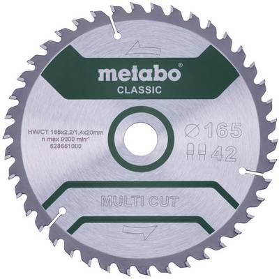 Krožna žaga Metabo Classic Multi Cut z srebrnim kovinskim telesom, zelenimi nalepkami, osrednjim izrezom in zobatim robom.