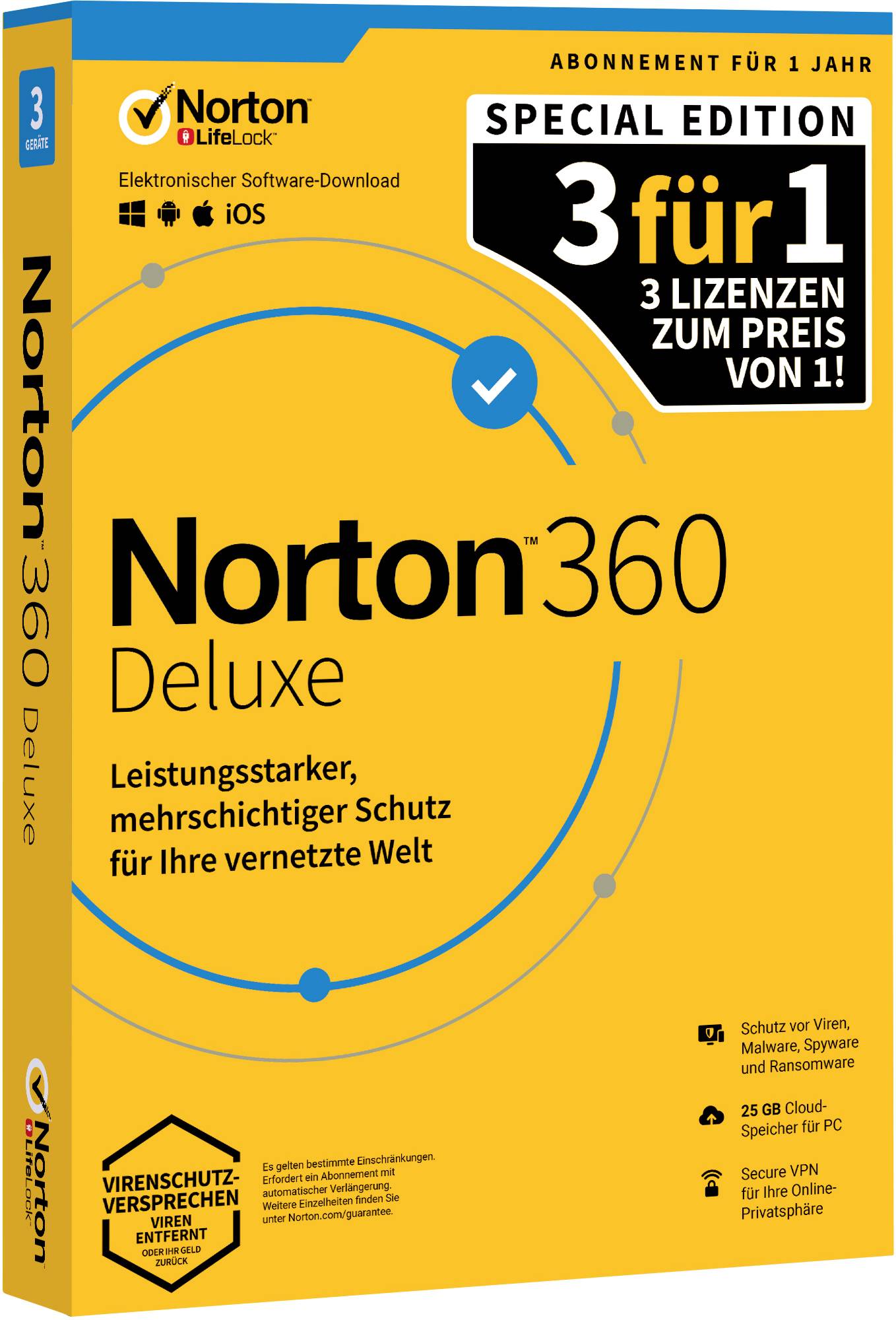 Embalaža Norton 360 Deluxe. Naslov: '3 licence v 1'. Ključne lastnosti: Zaščita za PC, Mac, iOS, Android. Naročnina za 1 leto.