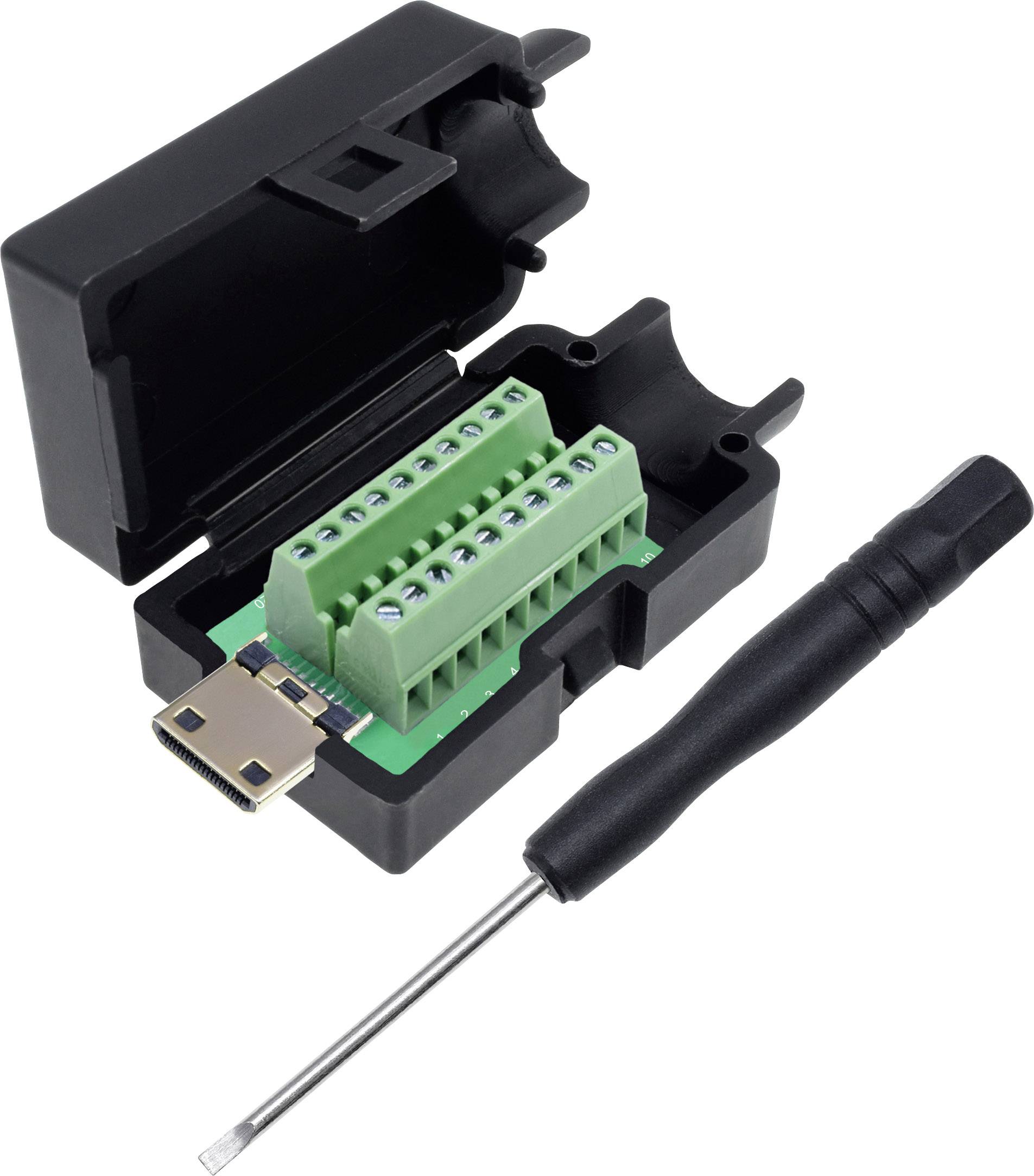 Odprto črno ohišje z HDMI priključkom in zelenim priključnim blokom, zraven izvijač.